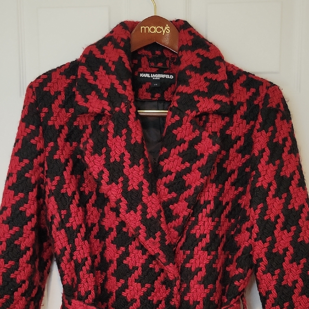 Karl Lagerfeld Red & Black Houndstooth Wool Blend Wrap Coat- LIKE NEW - Picture 6 of 16
